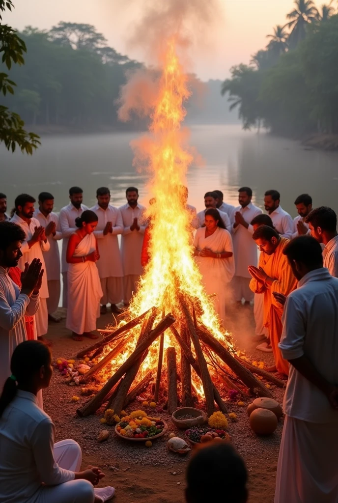A solemn and traditional Indian funeral taking place at a cremation ground. The scene includes a burning funeral pyre, with flames rising against the backdrop of a peaceful riverside or a sacred area. Mourners dressed in white are gathered around, some with their hands joined in prayer, others placing garlands or offering flowers. The atmosphere is serene yet heavy with emotion, with smoke gently rising into the sky. Traditional elements like a sacred thread, earthen pots, and a priest performing last rites can be seen, all under the soft glow of early morning or dusk light