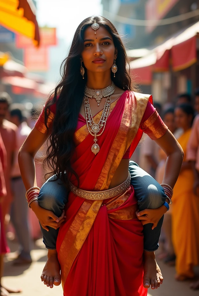 Indian woman lifting and carrying two men at same time