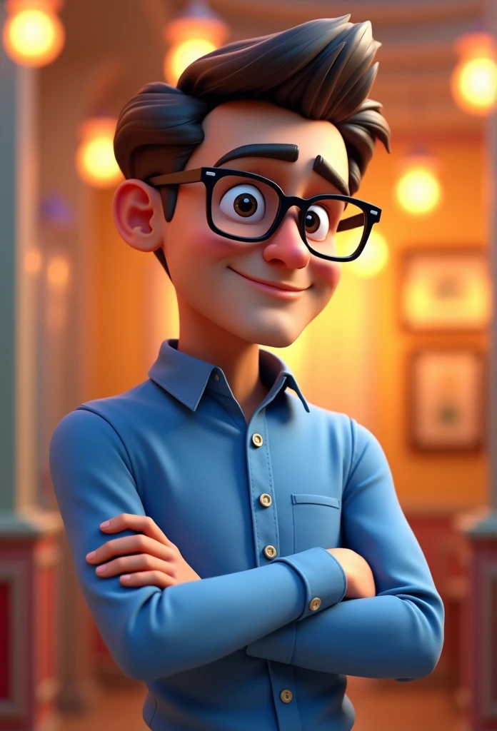 Cartoon character of a man in black glasses and blue shirt, animation character, stylized character, animation style rendering, 3d stylized, Arnold Maya rendering, Stylized 3D rendering, toon render screenshot, 3d character, 3d character, Stylized 3D rendering, 3D character rendering, cartoon character, Personagem de close up, character posing, (Pixar-style) (master part:1.2) (bokeh) (best qualityer) (skin detailed) (detailed texture) (8k) (Argilla) (cinematic lighting) (sharp focus