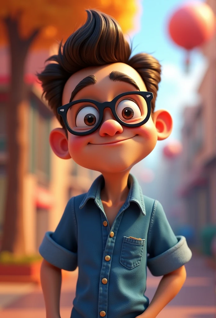 Cartoon character of a man in black glasses and blue shirt, animation character, stylized character, animation style rendering, 3d stylized, Arnold Maya rendering, Stylized 3D rendering, toon render screenshot, 3d character, 3d character, Stylized 3D rendering, 3D character rendering, cartoon character, Personagem de close up, character posing,  (Pixar-style) (master part:1.2) (bokeh) (best qualityer) (skin detailed) (detailed texture) (8k) (Argilla) (cinematic lighting) (sharp focus