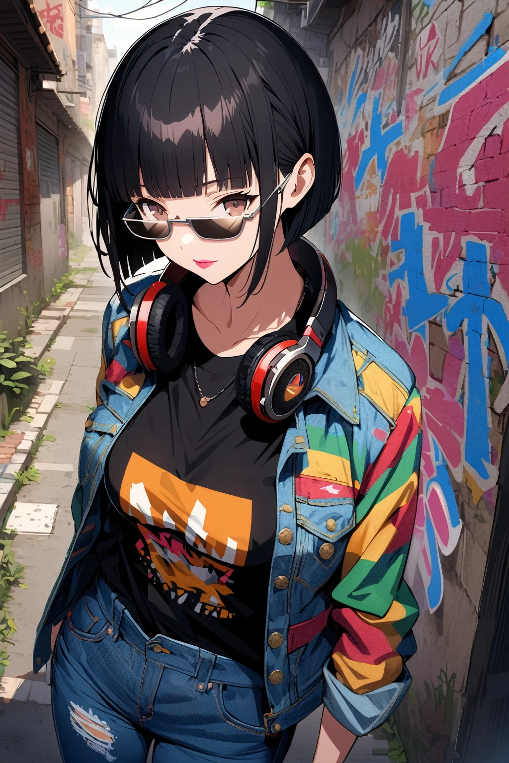 (extremely detailed fine touch:1.3), (((silver semi-rimless sunglasses:1.3))), (wear headphones around neck:0.9), girl, solo, bowl cut hair, blunt bangs, black hair, brown eyes, pink lipstick, medium breasts, denim jacket, denim pants, extremely detailed graffiti art back alley