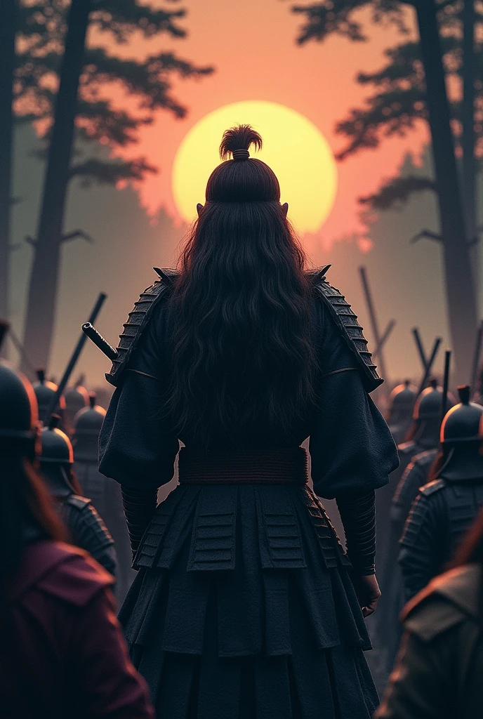 long, loose haired samurai with a slim and confident demeanor standing alone against several men in the Sengoku era