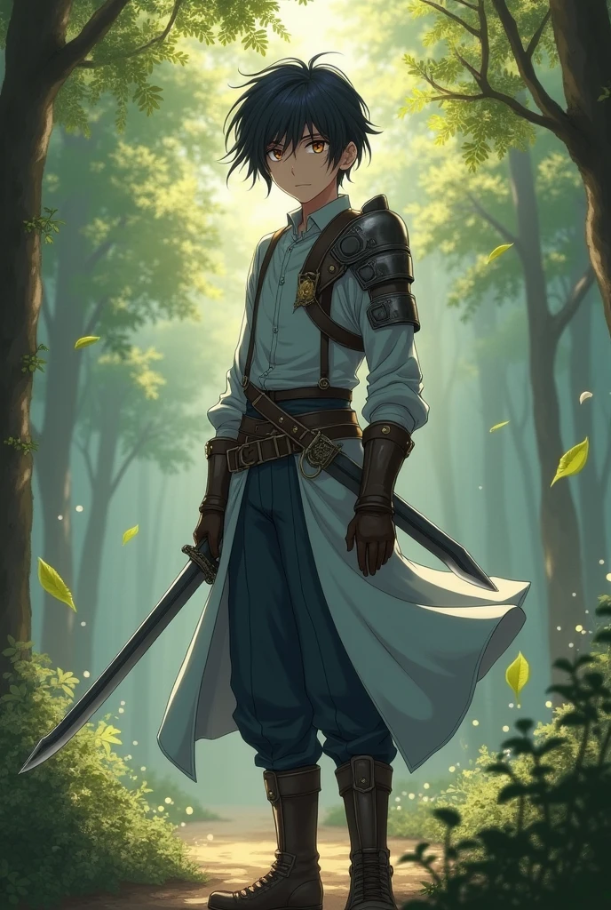 a young man with amber eyes (a dull brown under hypnotic suggestion) and short black hair with a long fringe. aged , he is armed with twin single-edged blades as a weapon.
He is a kind-hearted and intelligent introvert. He also tends to conformity and is sometimes fearful.
wears a long pale blue shirt and trousers, a sleeveless cropped jacket, leather boots, and cloth arm guards. He wears a single pauldron over his shoulder.