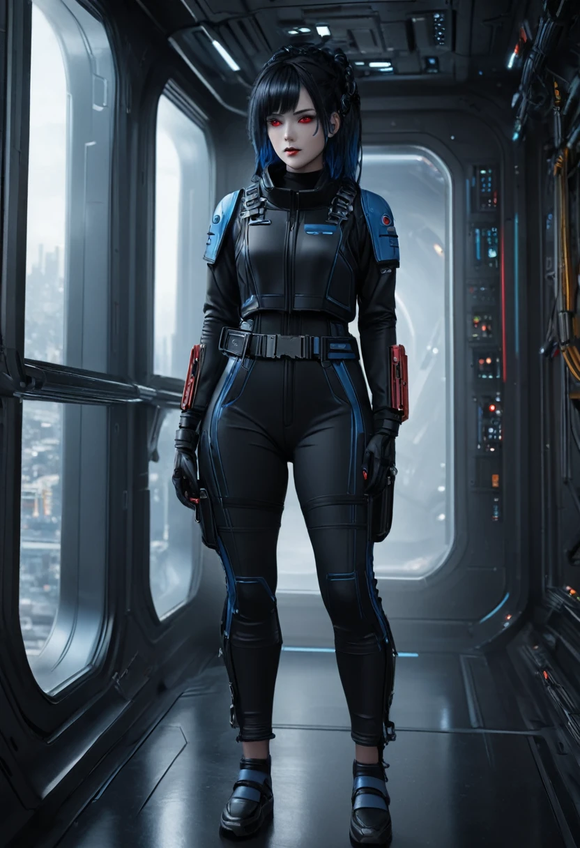 A female Chiss with blue skin, black hair, and red eyes, wearing a black jumpsuit, tool belt, in a full body pose, standing next to a window in the hallway of a spaceship, (best quality,4k,8k,highres,masterpiece:1.2),ultra-detailed,(realistic,photorealistic,photo-realistic:1.37),detailed cyberpunk character, hyperrealistic, highly detailed face, intricate details, dramatic lighting, sci-fi, cinematic, moody atmosphere, cinematic lighting, dramatic lighting, vibrant colors, depth of field