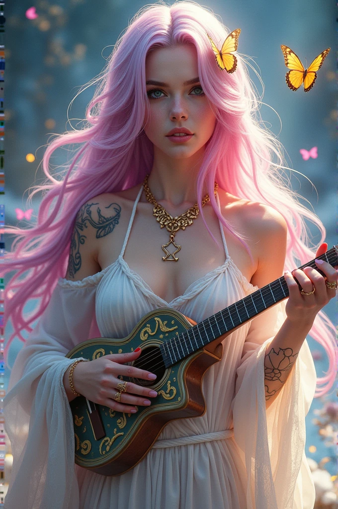 A very sexy girl with long very pink and blue hair, her skin is quite white and delicate, being covered with tattooed magic runes and a brilliant golden dust, Your eyes have heterochromia.. She wears the robes of a beautiful elegant muse and also likes to wear high heels, She is of noble origin and is the daughter of a genius. She is an adventurer and loves music, ela é uma barda e está sempre com your mandolin em mãos assim como sua bela espada, your mandolin, sword and hair are always surrounded by butterflies, She also wears a ruby ring., Your high heel is very delicate..