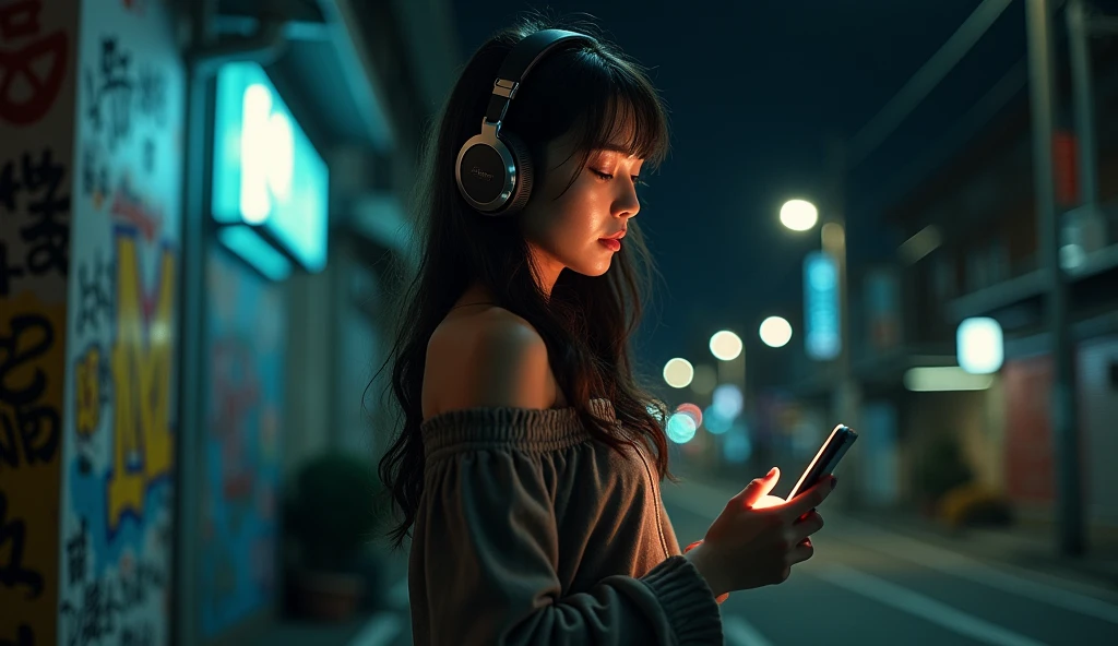 Attractive woman, folding cell phone., Japanese women, Long Wavy Hair,moody night,Shoulder Off,He's wearing a set,Wear headphones,strong sunlight,old hip-hop style,