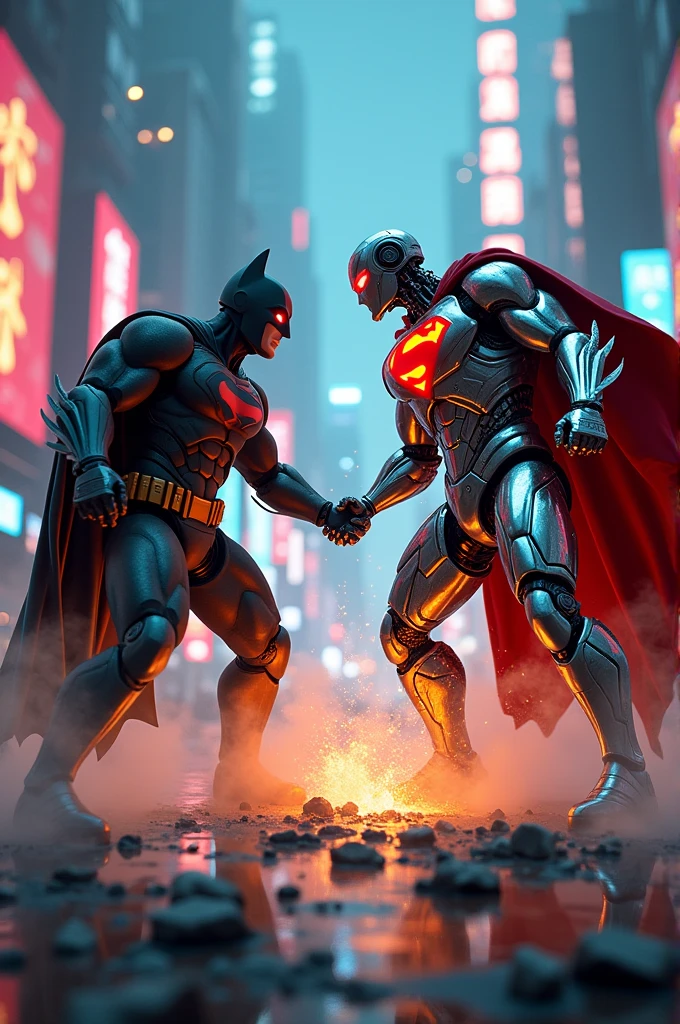 Battle between Robot Batman and Robot Superman
