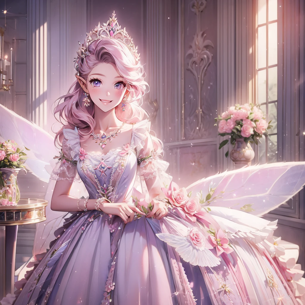 masterpiece,highest quality, very detailed, beautiful, exquisite, 16k, Full HD, confused,white background,((Upper body,half body photo)),((smile,Happy:1.5)),((Sparkling fluffy layered ball gown)), (Grasp the hem of your dress and bow slightly..),lots of flowers,((Surrounded by roses)),ruffles and rhinestones, ( table top, art station, fantasy art:1.2), Standing with an elegant smile,pastel colour,((giant white fairy wings))、white skin,gradient hair, pink hair, hair blowing in the wind, wavy hair,fluffy hair,tiara,lavender eyes, long eyelashes, beautiful eyes、pale pink cheeks,pointy ears, bright eyes,dazzling light, warm lighting,
