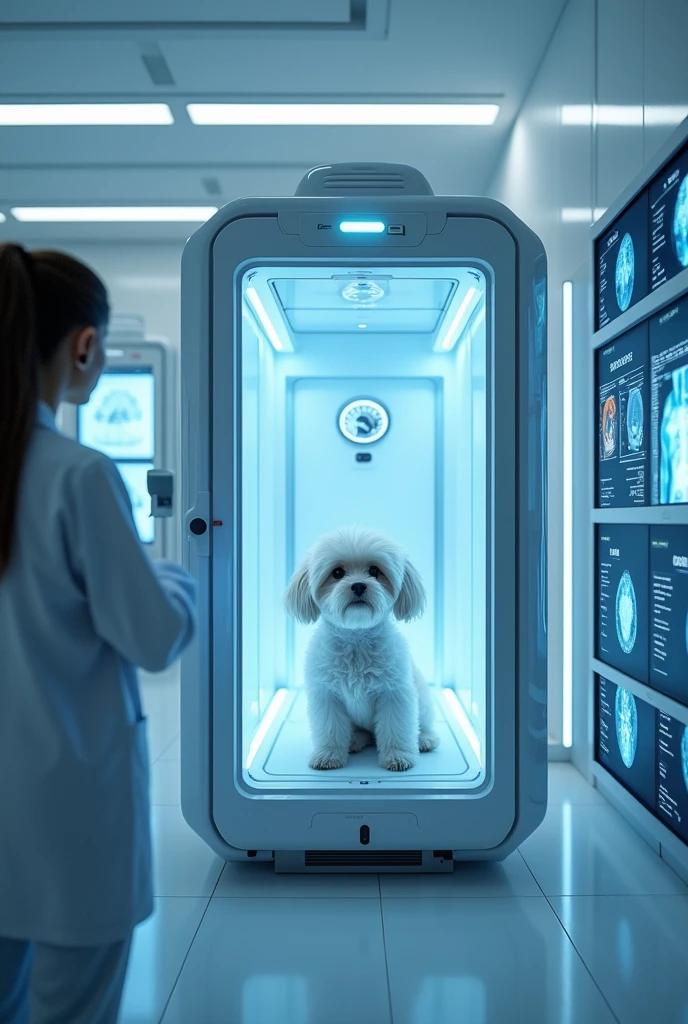 There is a pet inside a plastic and glass chamber where it receives a complete scan of its vital signs and medical status and states that are determined by a veterinarian but using the camera, temperature states, Pressure and heart rate will be displayed on the camera