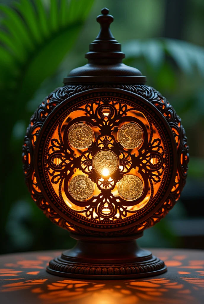 Malay carved round lamp,square inside,four coins with the king's head