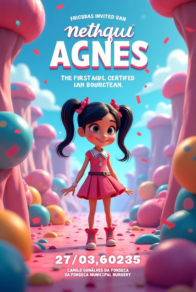 generate an image of an invitation for MARIA AGNES's first year, com o tema DETONA RALPH vanelope. data 27/02/2025, on location: CAMILO GONÇALVES DA FONSECA MUNICIPAL NURSERY, at 6 pm:00.
translating to Portuguese