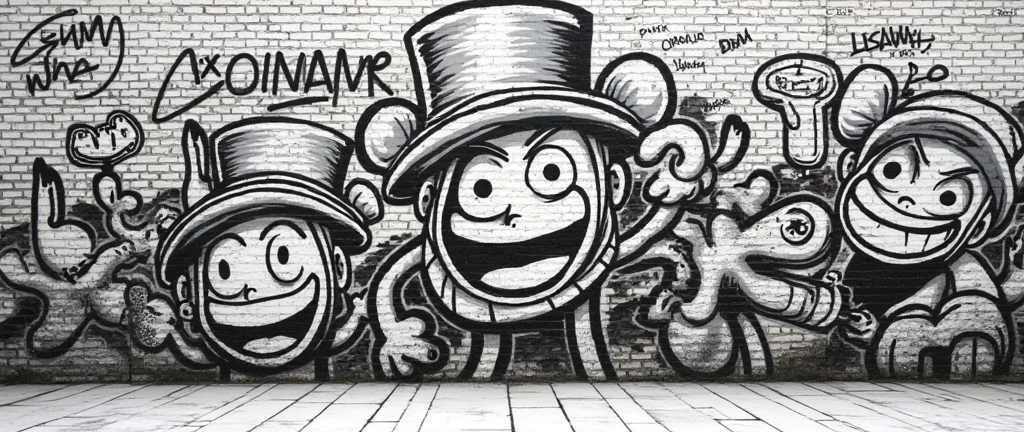 1 dimensional brick wall background with urban graffiti all black and white style, Cartoonist Eiichiro Oda
