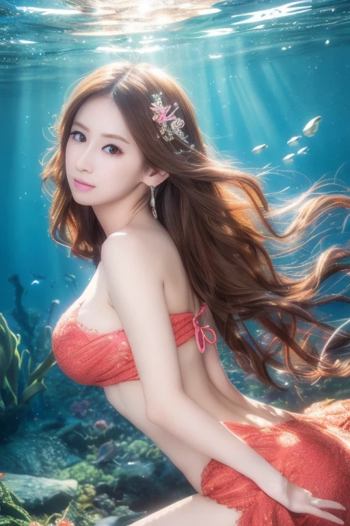 1girl, Japanese mermaid, long wavy hair, beautiful detailed eyes, beautiful detailed lips, extremely detailed face, long eyelashes, elegant mermaid tail, translucent skin, underwater scene, coral reef, sunlight shimmering through water, serene expression, 8k, best quality, highres, photorealistic, masterpiece, intricate details, vibrant colors, dramatic lighting、Belly button、(((Anatomically correct)))、((Random camera angle))、Large tattoo on the right shoulder