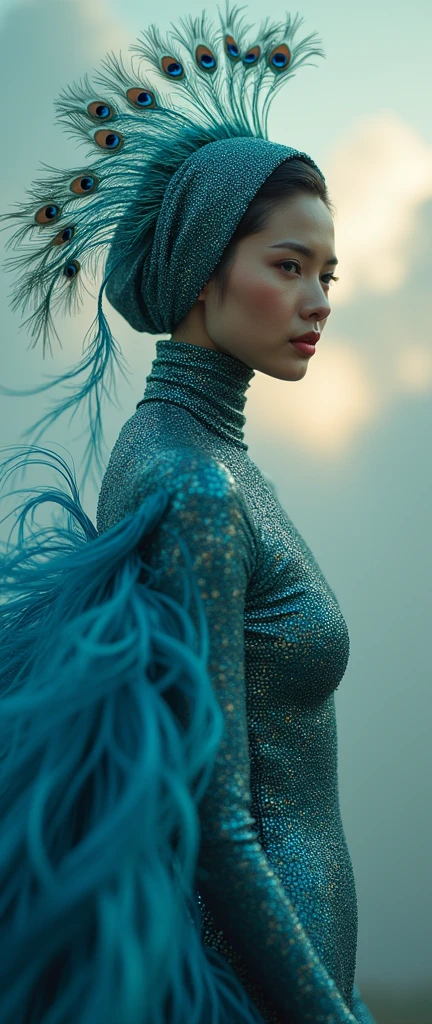 A most beautiful and thin 27 years old Asian chinese girl wears  peacock bird costume Lycra turtleneck unitard catsuit covered with fish scales with peacock tail.She always wear peacock Lycra dancewear hijab-like hood that has a peacock feathers.She has beautiful cheeks on her face.