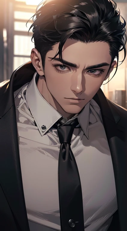 (best quality, masterpiece, 8K, photorealistic, cinematic lighting, 1:4 hdr image, top view, ultra detailed, beautiful image), a mature man, very handsome, short black hair, black eyes, perfect face without errors , ((buttoning his jacket, CEO))