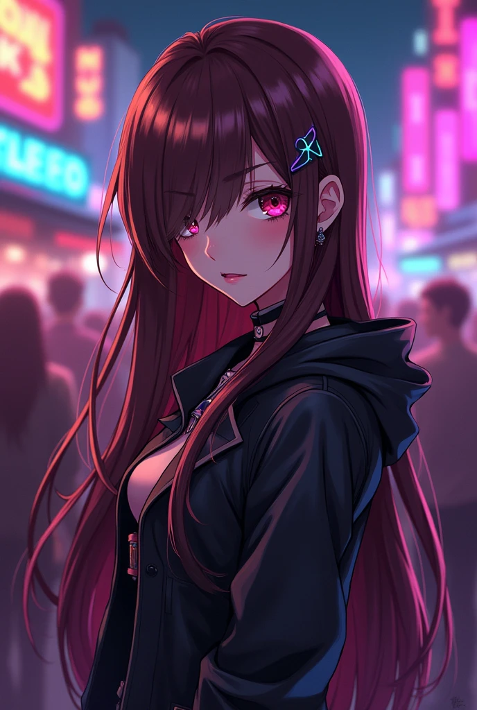 Brown haired anime girl, long hair, emo, sideswept bangs and hot, adult, likes to party.