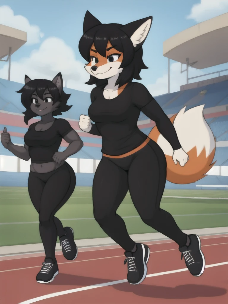 Furry, fox, female, black shirt, black leggings, shoes, running track, friends, full body