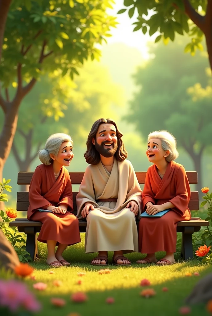 Jesus talking to elderly people in a Pixar-style 3D animation setting 