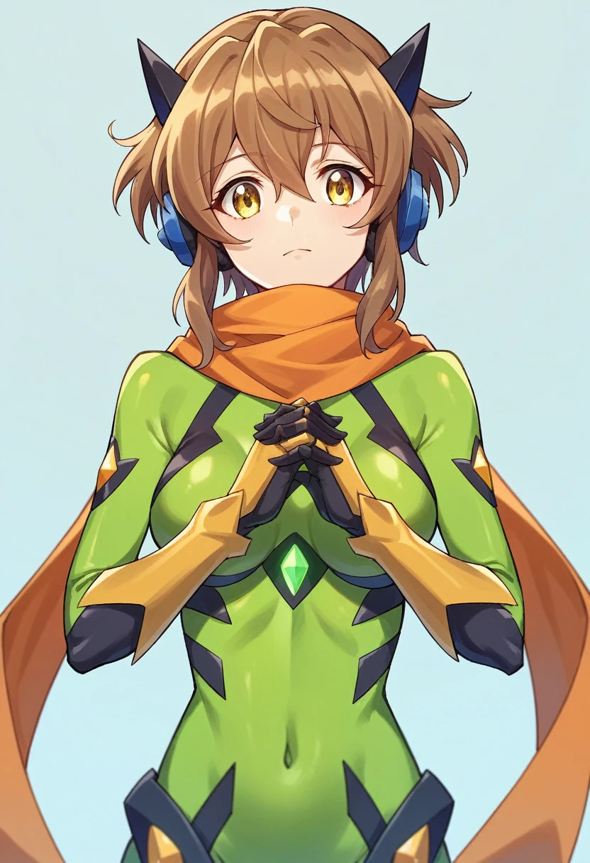 Hibiki Tachibana (Symphogear)、Female 1 person、solo、chest、Staring at the audience、short hair、Brown Hair、hair ornaments、gloves、belly button、Yellow Eyes、scarf、Bodysuits、Shine、headgear、Headphones、Border、Gauntlet、Clenched hands、Black and yellow pick