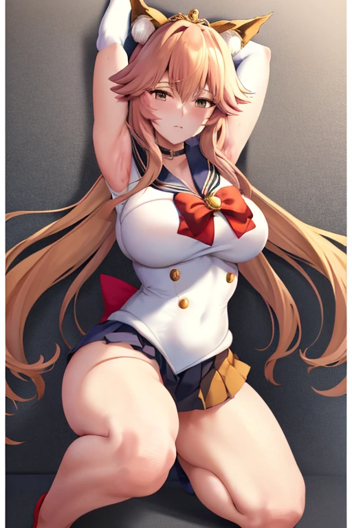 masterpiece, high definition, best quality, rendered art, well formed hands, fingers and body, 1 woman, solo, Tamamo No Mae, 31 years old, fox ears and fox tail, adult, grown up, wearing Sailor Moon's outfit, big breasted, cleavage, full body, sexy sailor senshi uniform, short blue skirt, red boots, gorgeous hips, legs and thighs, blond, white elbow gloves, sailor collar, tiara, earrings,ryona , in peril, she has been beaten up she is now cornered against the wall, helpless and vulnerable, she is dizzy and exhausted, looking at the viewer with anxiety and fear, being at the edge of defeat, heroine in peril, ryona scene 