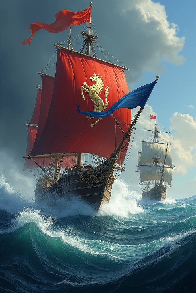 A saleship with red flag with a golden pegasus drawing on it, it is fighting a lil ship with blue and silver flag