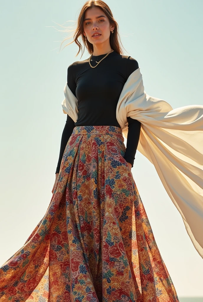 pario skirt with inner black sleeves with a black t-shirt with white fabric over the shoulders crossing the black tshirt