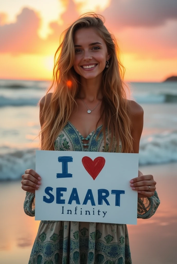 Beautiful girl with wavy long hair, bohemian dress, holding a white board with text "I Love Seaart Infinity" and showing it to the viewer