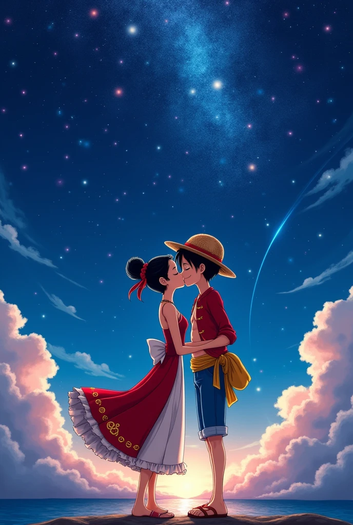 Boa Hancock and Luffy kissing under a shower of shooting stars, wearing their signature outfits.