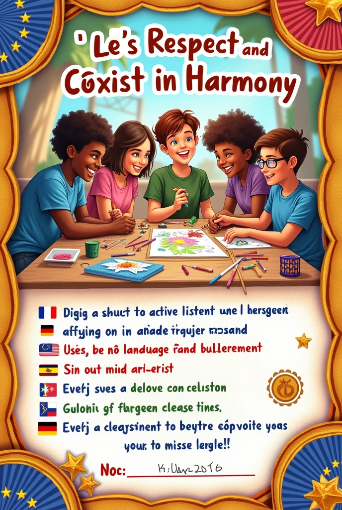 a poster with a rule from the European Union (UE) about respect and coexistence in the classroom:

EU Norm: Respect and Coexistence
Poster Title: “Let's Respect and Coexist in Harmony!”

Poster Content:

central illustration:
A colorful drawing of students from different cultures and backgrounds working together and smiling.
Main Rule:
“In our class, we all treat each other with respect and kindness, regardless of our differences.Key Points:
Active listening: Paying attention when someone is talking.
Using kind language: Avoiding offensive or hurtful words.
Helping others: Offering help to classmates who need it.
Respecting opinions: Accepting and valuing different perspectives.
Symbolic Signature:
A space at the end of the poster where each student can sign their name as a commitment to the rule.
decorations:
Decorative borders with EU symbols, like stars and flags.
Stickers and drawings made by students to personalize the poster.
This is just an example, and you can adapt it according to the needs and preferences of your class. The key is to make the poster visually appealing and meaningful for the students. from image Spanish