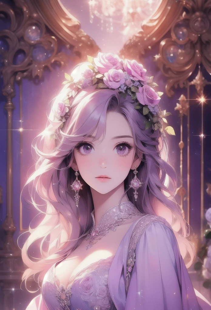 Flower Art, Rose, Fantasy, photograph, cute, Pale purple and light color style, Sparkling, Sparkling water reflections, Rococo portrait, Ether Tree, monoplane, les nabis,Tranquility,dream-like,16kHigh resolution, masterpiece, Highest quality, rose garden、like、High resolution, Highest quality, Very detailed, Beautiful Rose