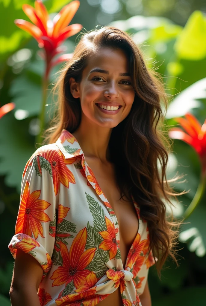 A Brazilian woman in a lush tropical garden, wearing an open shirt with a floral print, with a close-up capturing the harmonious beauty between her breasts and the natural flowers, showing off your natural charm and outgoing personality.
