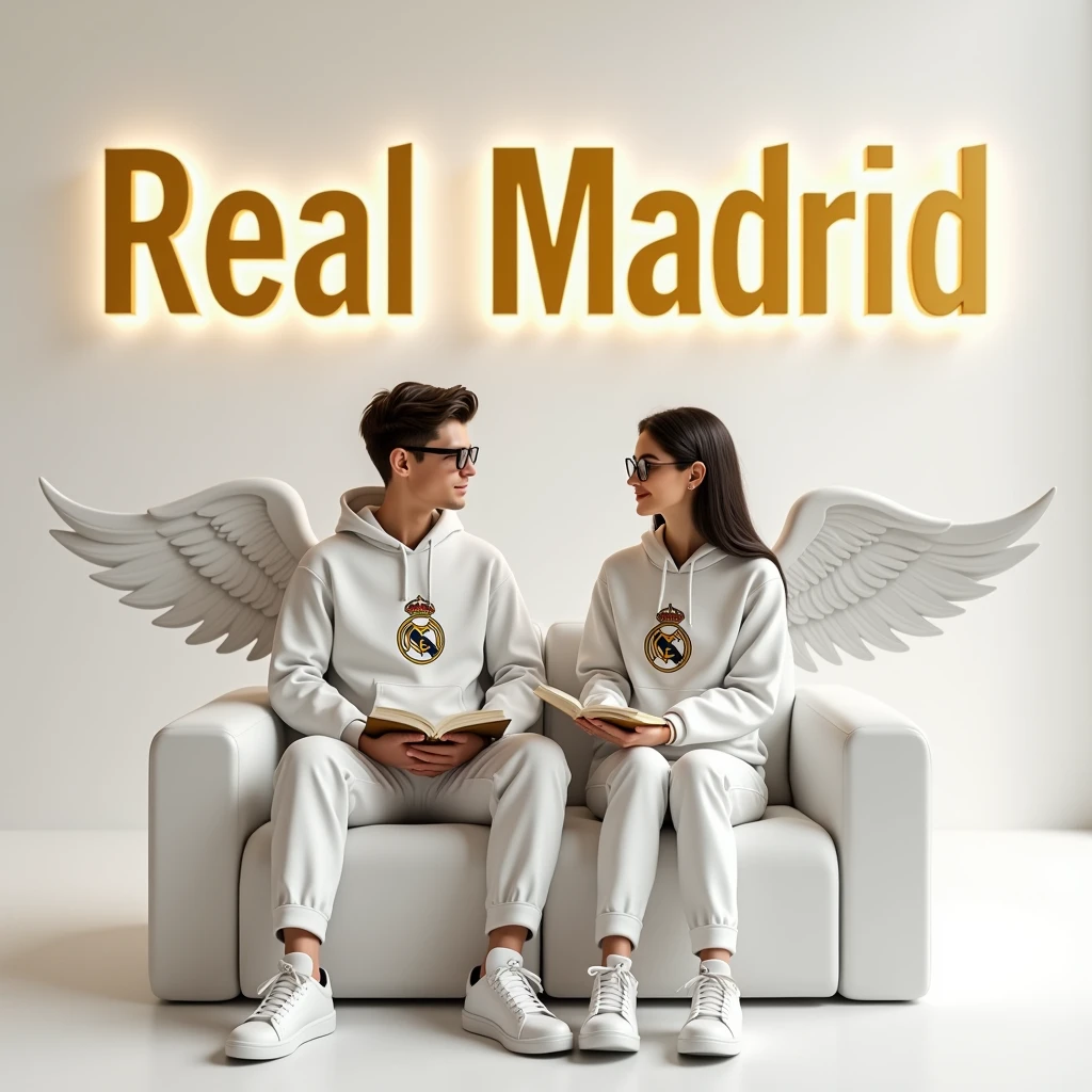 create a realistic 3D image of a couple casually dressed in white sitting on an armchair, wearing a Real Madrid FC hoodie, shoes and glasses. The boy is looking forward, The background shows "
Real Madrid in large, golden, uppercase letters on the white illuminated wall. There should be no shadows and wings should be added to make it look like he and she are an angel.with a book
