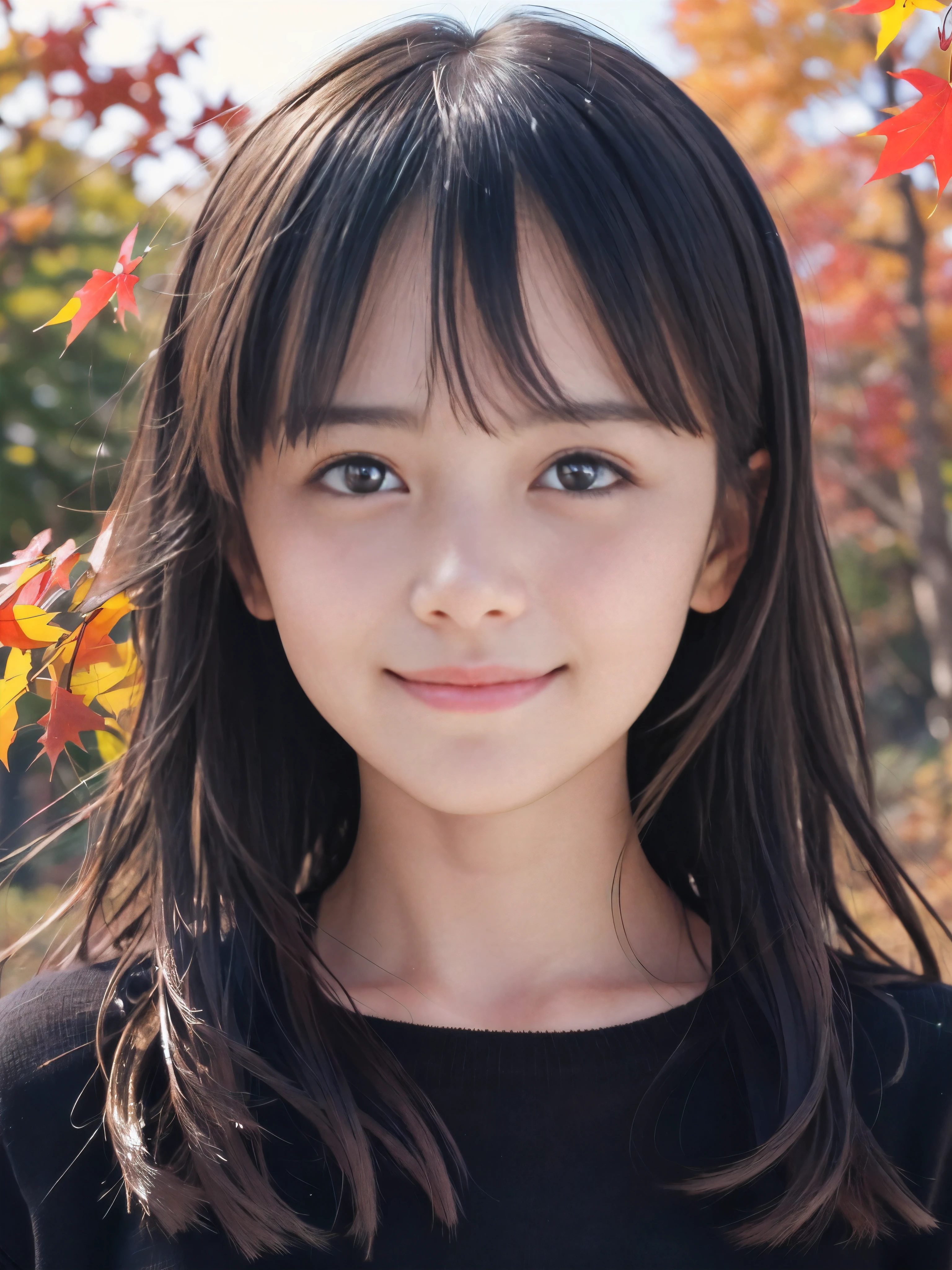 (Face shot of one slender small breasts two side up black medium hair bangs girl with crying little smile face in autumn shirt and sweater
:1.5)、(One girl is turn around  and her hair is blowing:1.5)、(Beautiful red leaves and autmn mountain:1.5)、(Soft filter:1.5)、(8k ultra detailed master piece:1.5)、(perfect anatomy:1.5)、(Photorealistic stick:1.5)、(Raw photo:1.3)、(highest quality:1.5)、(High resolution:1.3)、(Delicate and beautiful perfect face:1.3)、(Delicate and beautiful eye air skin:1.3)、(Real Human Skin:1.3)、((thin legs))