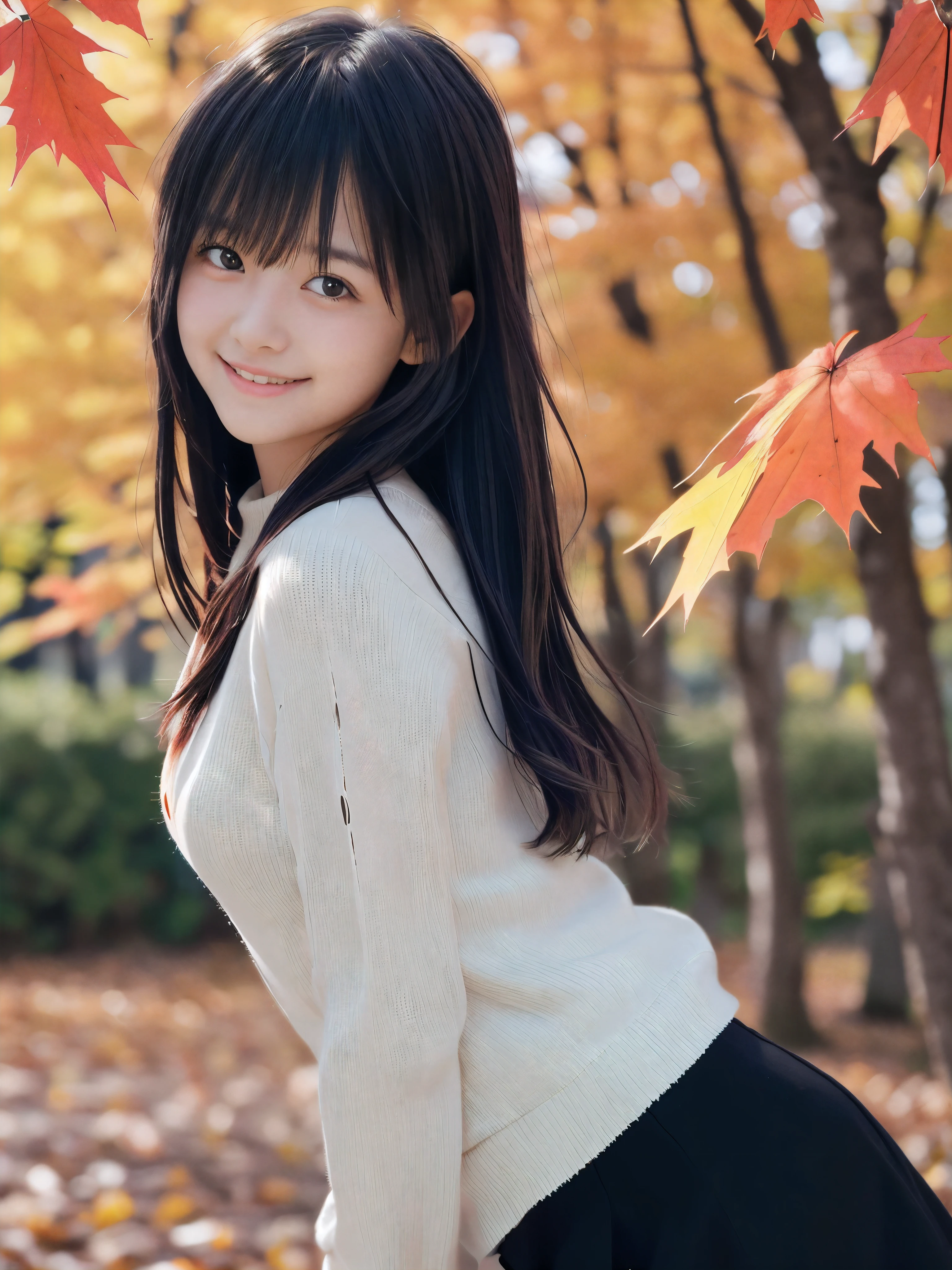 (Face shot of one slender small breasts two side up black medium hair bangs girl with crying little smile face in autumn shirt and sweater
:1.5)、(One girl is turn around  and her hair is blowing:1.5)、(Beautiful red leaves and autmn mountain:1.5)、(Soft filter:1.5)、(8k ultra detailed master piece:1.5)、(perfect anatomy:1.5)、(Photorealistic stick:1.5)、(Raw photo:1.3)、(highest quality:1.5)、(High resolution:1.3)、(Delicate and beautiful perfect face:1.3)、(Delicate and beautiful eye air skin:1.3)、(Real Human Skin:1.3)、((thin legs))