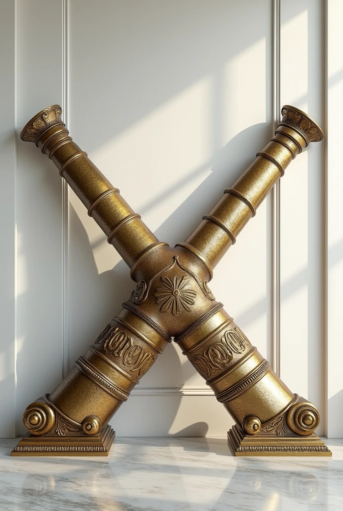Two crossed cannons, that form the figure of a "X", behind the golden cannons there is a white background, looks like a classical greek white wall