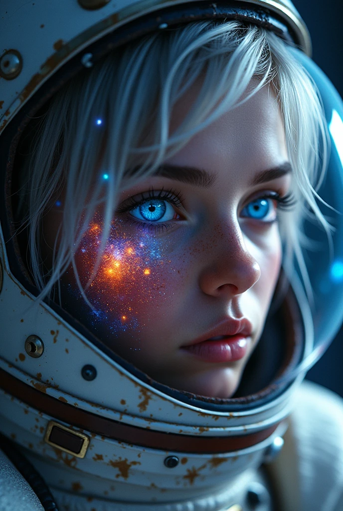 (Close-up of a better masterpiece: 1.5) 0.9], (Space and astronauts: 1.2) (Disheveled silver hair: 1.1) (Xanthochromia heterochromia and blue eyes: 1.2) (space helmet: 1.0) (colorful stars in the eyes: 1.0) (A radiant glow: 1.1) (thick lips: 0.9)