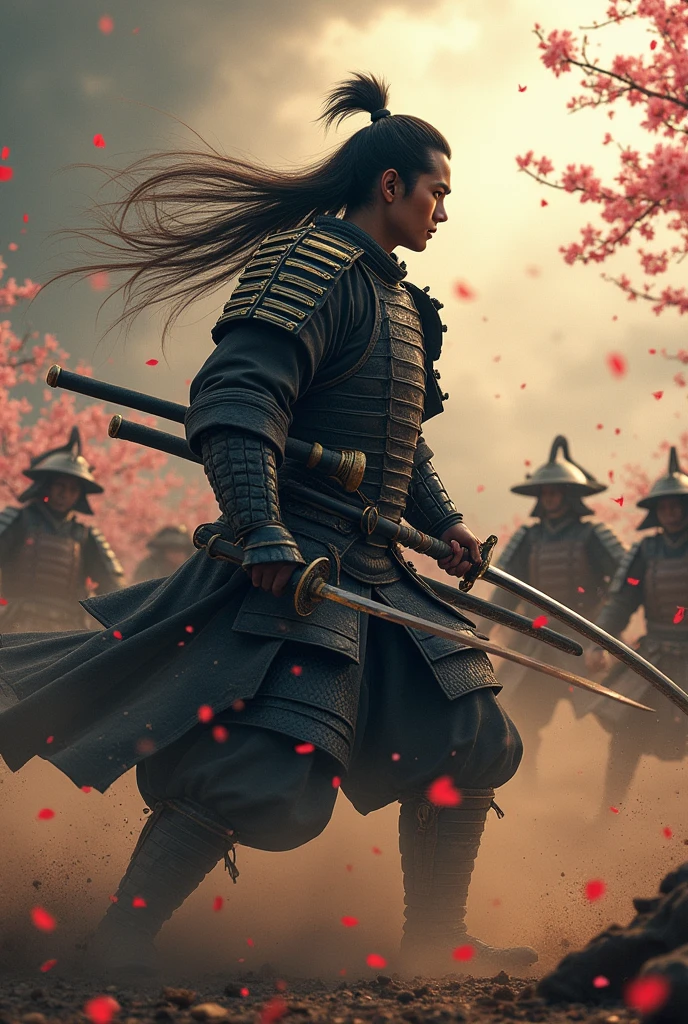 A samurai with long, flowing hair resembling a woman's, of average build and confident demeanor, single-handedly battling against numerous men during the Sengoku period.