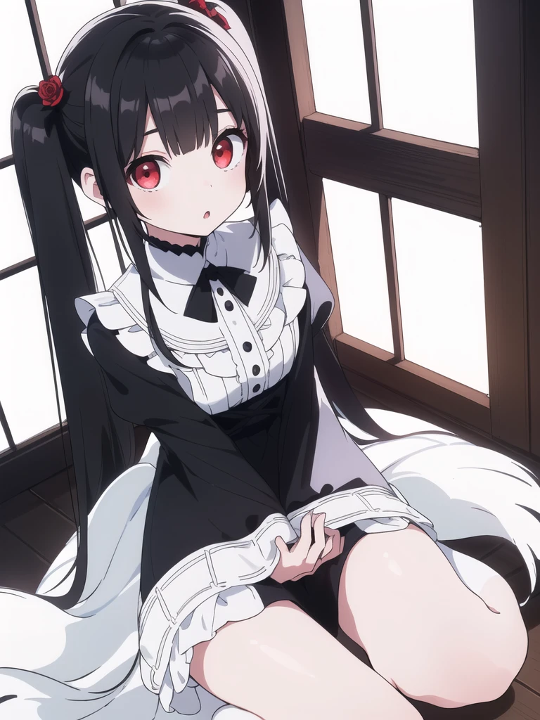 (Detailed and beautiful outlines,white light,soft light,natural light,Caucasian skin:1.3),(upturned eyes,:o,twin tail,black hair,red eyes,over kneehighs,mourning dress,hand between legs,sitting,looking up,day,blue sky,Pale red eyes:1.1),Black Roses,looking at viewer,