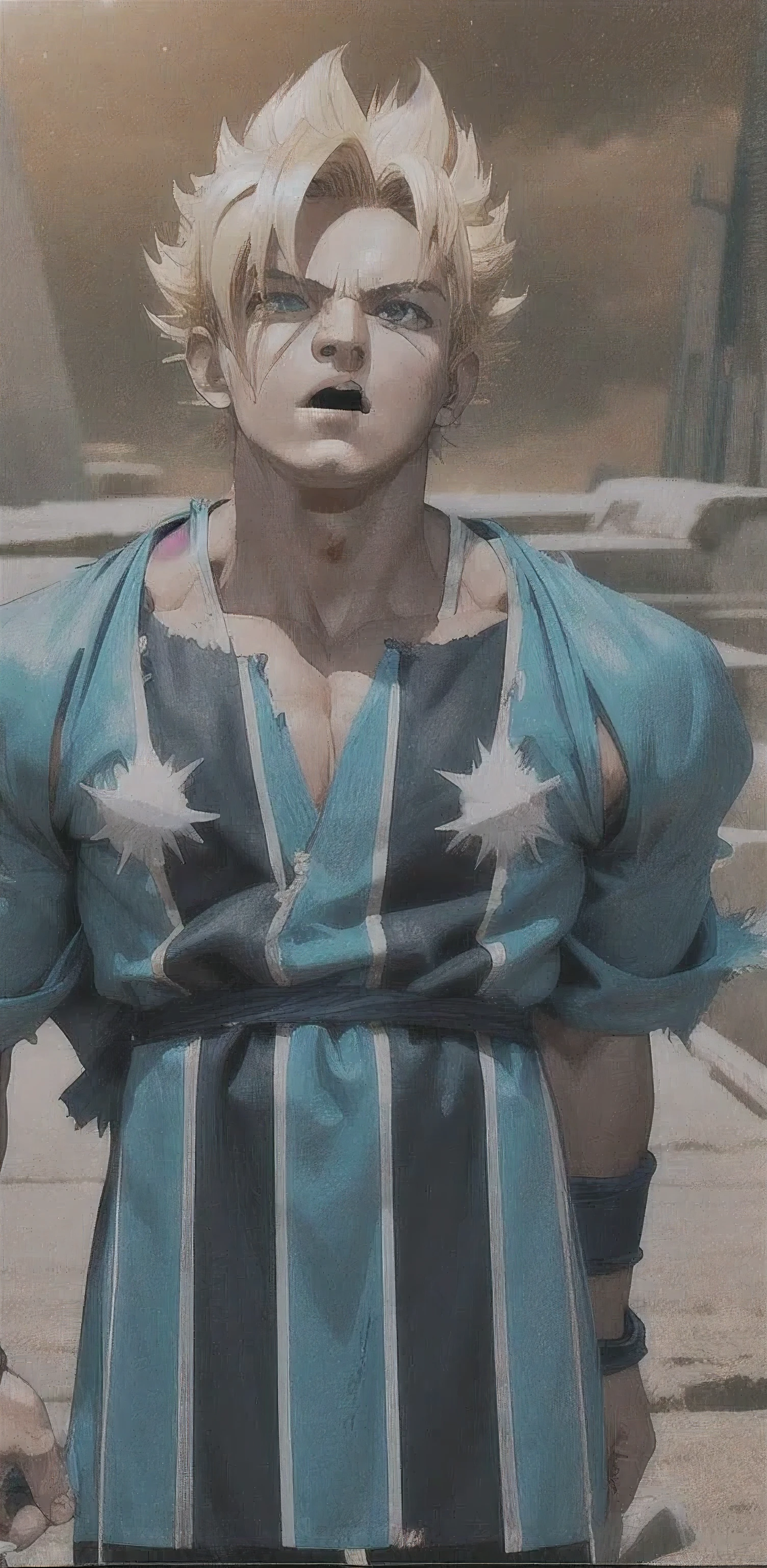 Change my hair to Goku's Super Saiyan hair and put me in a transformation pose screaming, Change the background to space with stars and planets in the background, (work of art, best qualityer), details Intricate, 8k, art station, wall-paper, offcial art, splash art, storm in background, sharp focus, 1 , (photorrealistic:1.2) (bokeh) (best qualityer) (skin detailed:1.3) (details Intricate) (8k) (detailedeyes) (sharp focus) Son Goku, Jumpy, Battle Damage, hair blonde, blue range, clenched teeths, Furiosa, greeneyes, male focus, muscular, muscular male, pectorals, range, standing alone, spiky hair, super saiyan, super saiyan 1, teeths, homem de topless, torn garments, bracelet,