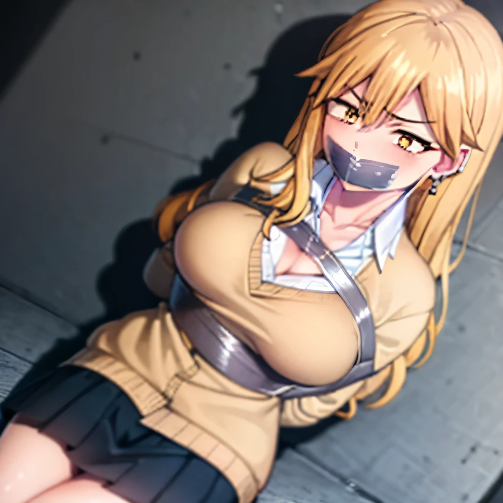 best quality, (masterpiece:1.2), highly detailed,
Cowboy shot, sitting 
1girl, solo, seri kikyou, long hair, blonde hair, hair between eyes, (yellow eyes:1.3),
skirt, shirt, long sleeves, jewelry, school uniform, white shirt, pleated skirt, earrings, collared shirt, black skirt, sweater, piercing, ear piercing, gyaru, brown sweater, de Collette, cleavage cutout , nervous, angry
looking at the viewer, bondage, huge breast, mouth gagged, mouth taped, wrists taped, arms behind back, legs taped, chest taped, bushing, chest close view, top down view, very close to viewer, viewer arms