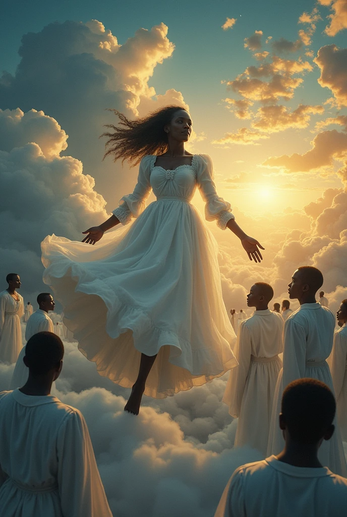 Reproduce an image of Phillis Wheatley in the sky along with white people, slaves, and Cain.