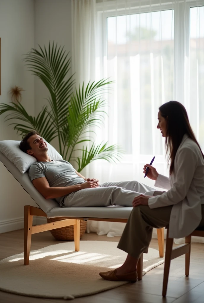 person receiving therapy, lying on a stretcher, therapist holding a silver pen, without a tip