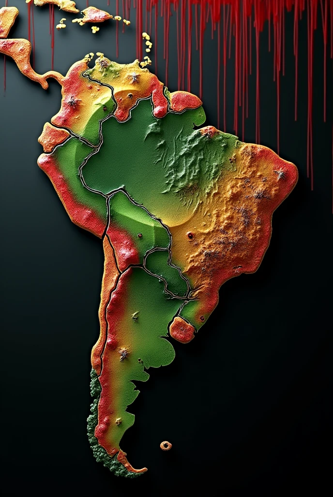 Create a realistic 3D image of the map of Brazil. The background of the image should contain drops of blood dripping.