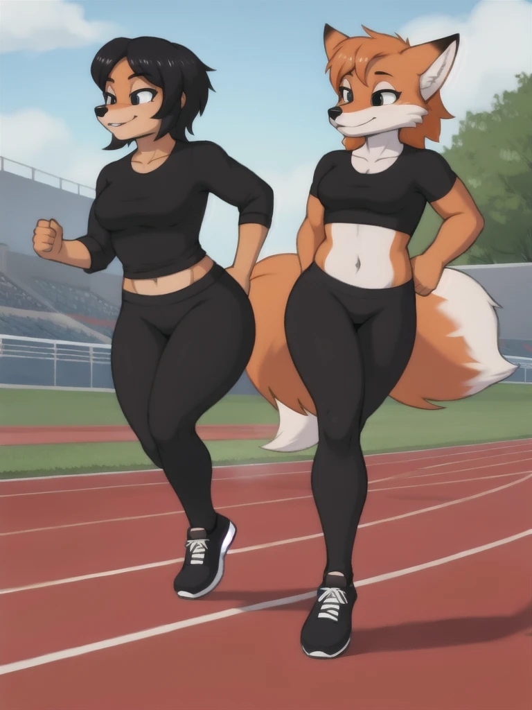 Furry, fox, female, black shirt, black leggings, shoes, running track, friends, full body