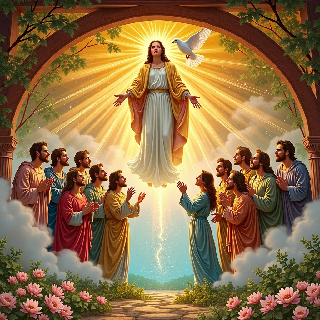 Create an image of a decoration for a Stations of the Cross that alludes to the 3rd Glorious Mystery, the Descent of the Holy Spirit. Represent the Holy Spirit as a dove with tongues of fire descending magically and fancifully upon the Virgin Mary and 12 Apostles while they pray in an open space with nature, all facing forward.