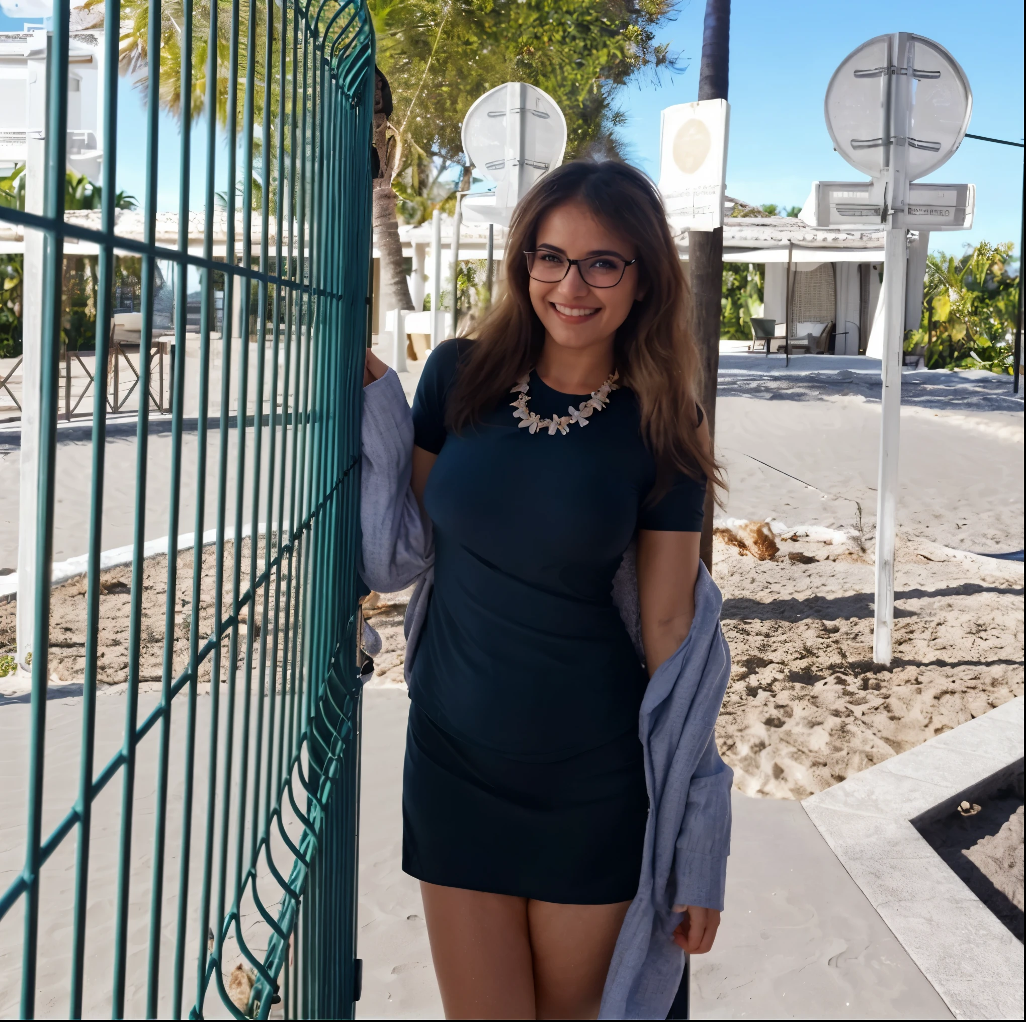 An georgeous and pretty atheltic and musclar woman with glasses she had a beautiful and seductive swimsuit with pretty and super much big breast , beautiful skin .She is smiling with authenticity , hapiness and joyfull into an bedroom with tropical landscape beach paradise with a beautiful sky and sea blue . She have pretty big musclar arms