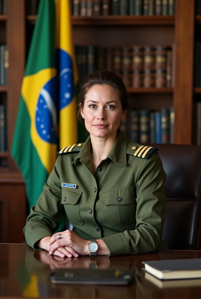 Illustrate a white woman captain of the Brazilian army, a medical doctor in the infantry., she has brown hair and it is tied up, She is wearing a Brazilian Army olive green officer's uniform., she is sitting in an office in a chair and in the background there is a Brazilian flag and an integralist flag and several books