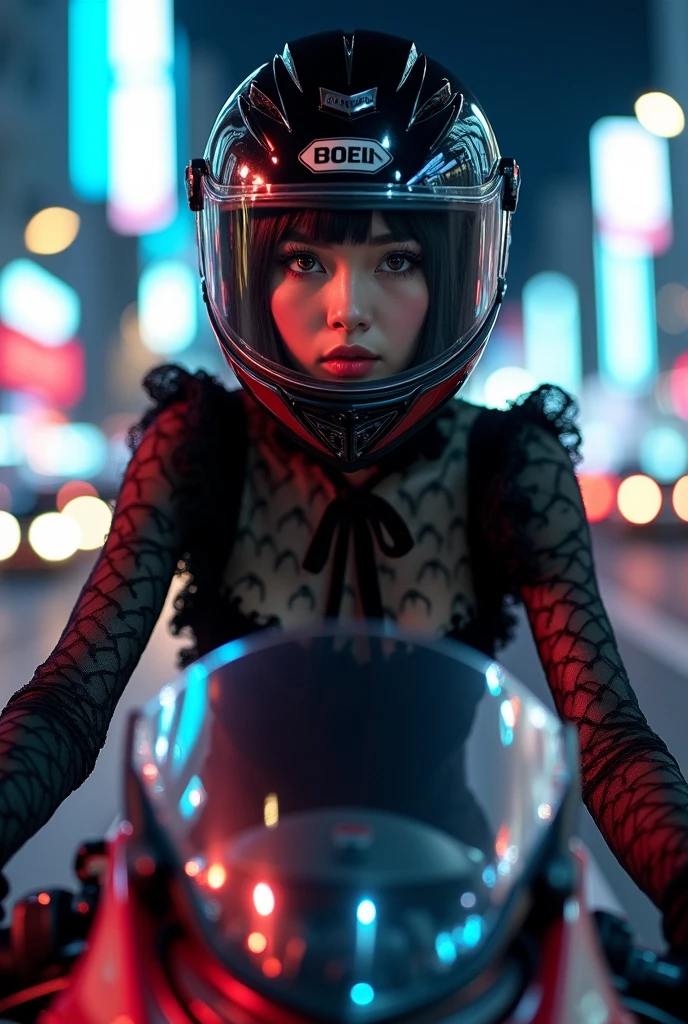 beautiful Japanese gothic lolita girl, Riding on a super cool sport motorcycle, at highway in metropolitan at night, high speed, dramatic scene, masterpiece, face focus, clear helmet visor, beautiful eyes, Honda bike, Shoei helmet, wearing gothic lolita outfits