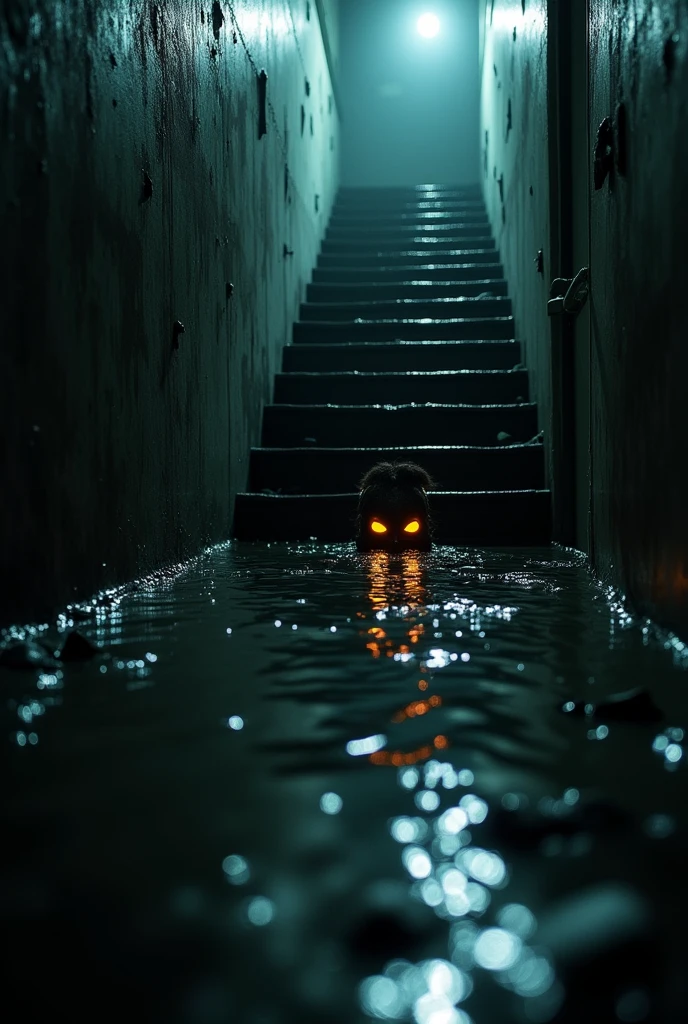 Create an image of a flooded basement with orange eyes in the water staring at the camera. I want the image in perspective as if it were a view with a staircase forward looking diagonally through the eyes.