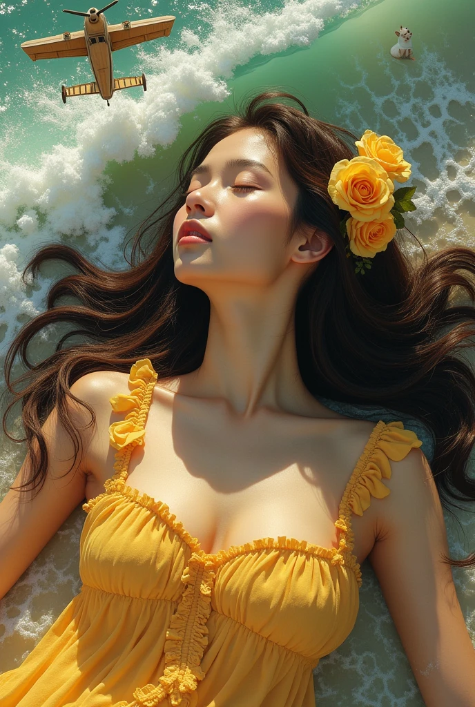 A young woman with dark brown hair is lying down with long hair. Yellow roses are tangled in her hair, along with a plane, cats, and a mix of ocean waves.